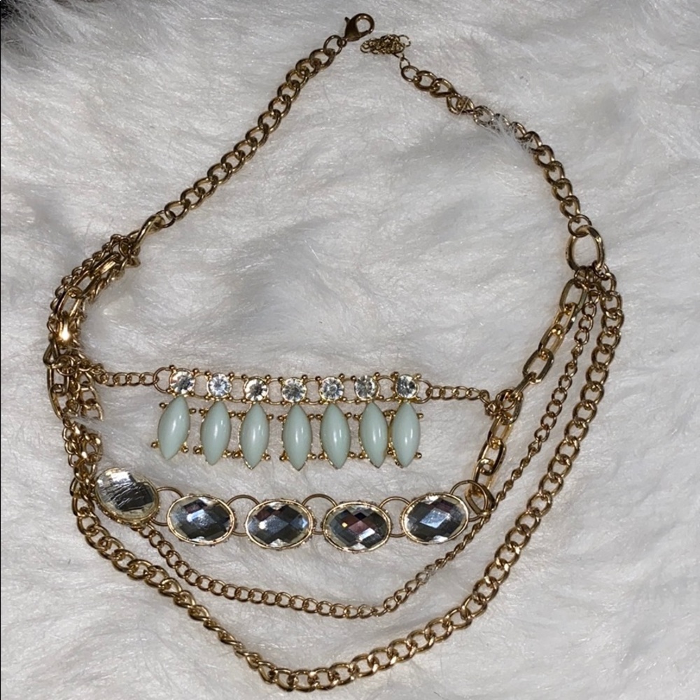 Light blue gold and rhinestone layered necklace